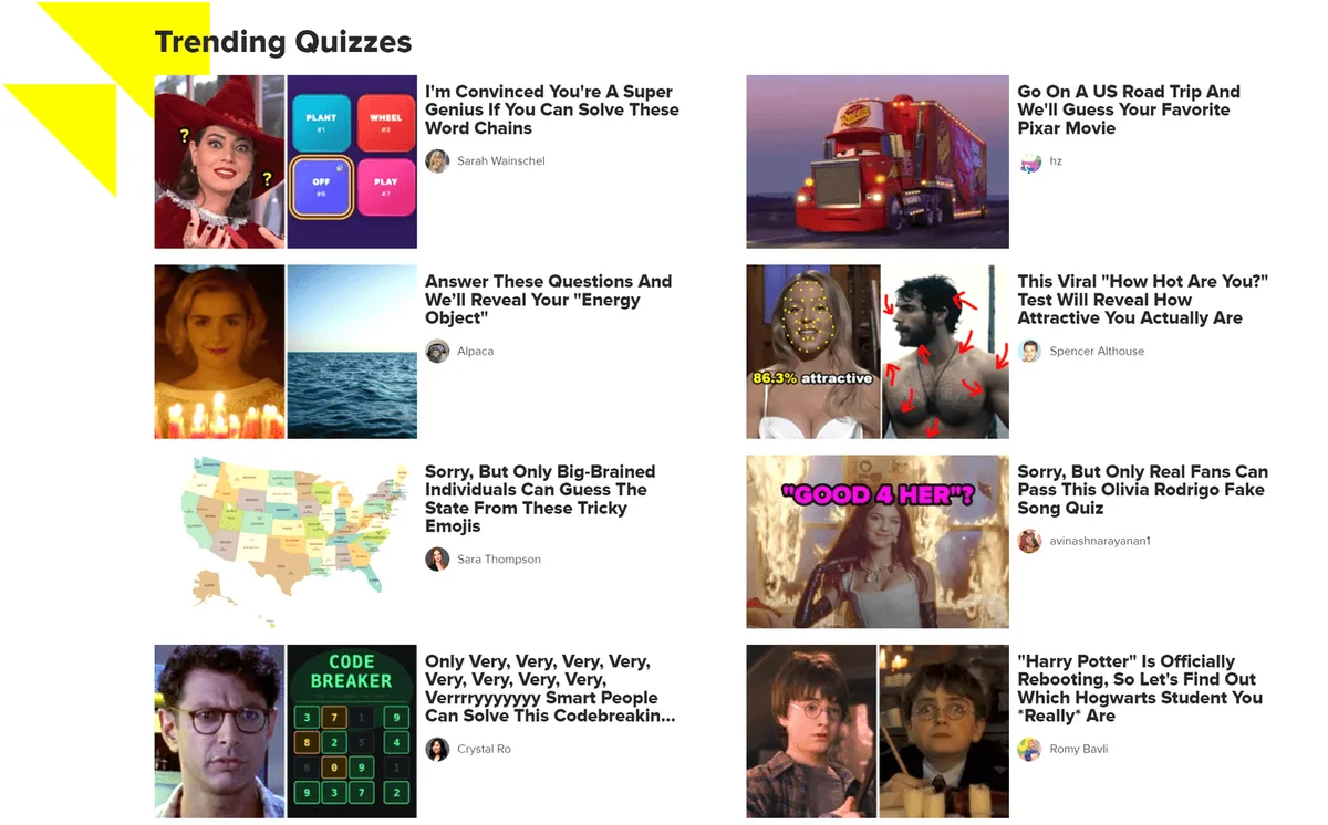 BuzzFeed's Trending Quizzes section, eight quizzes side by side with their author