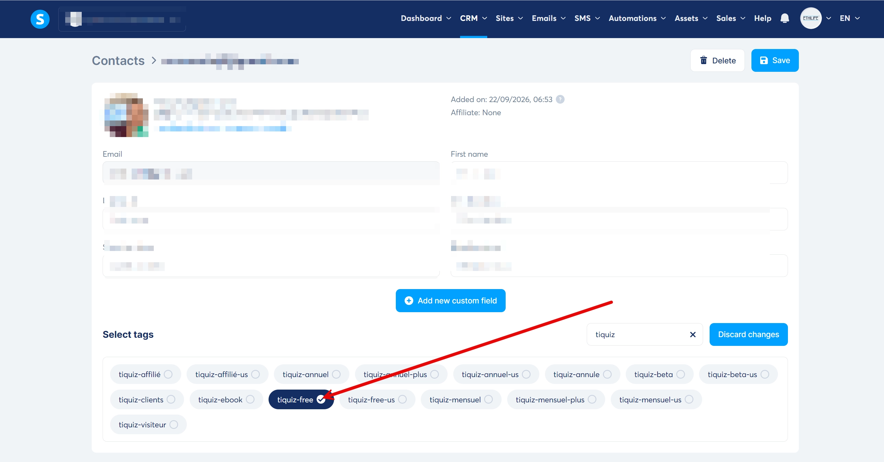 Systeme.io contact record with the quiz tag applied automatically