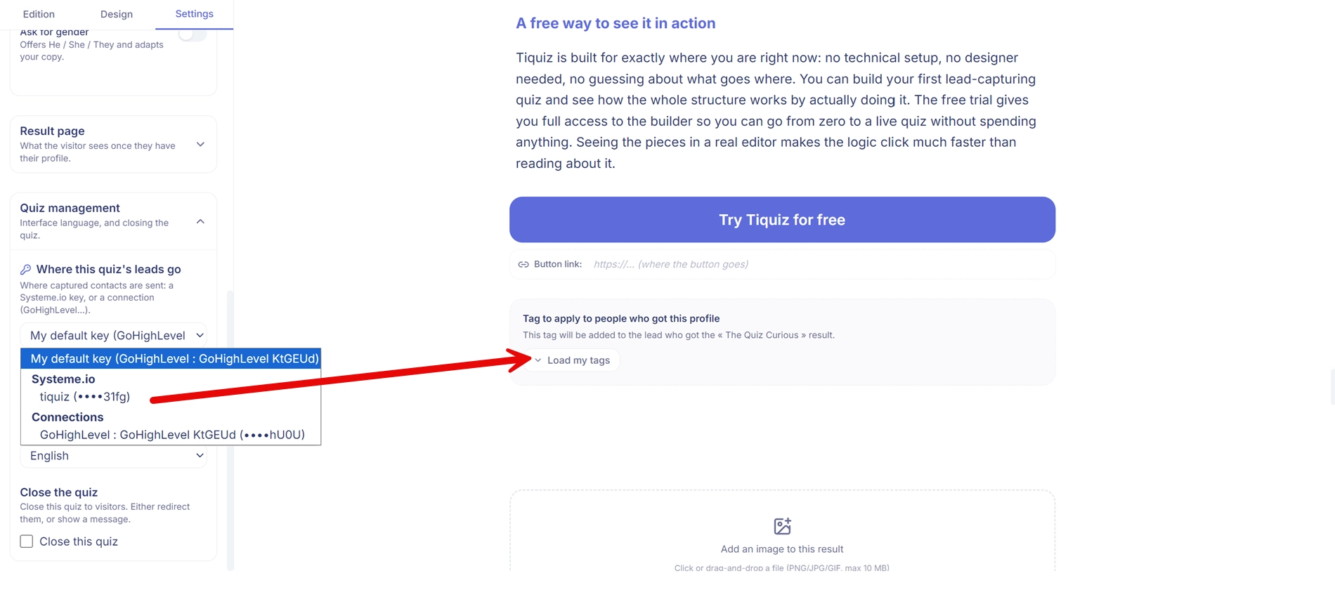 Setting the Systeme.io tag for each result profile in the Tiquiz editor