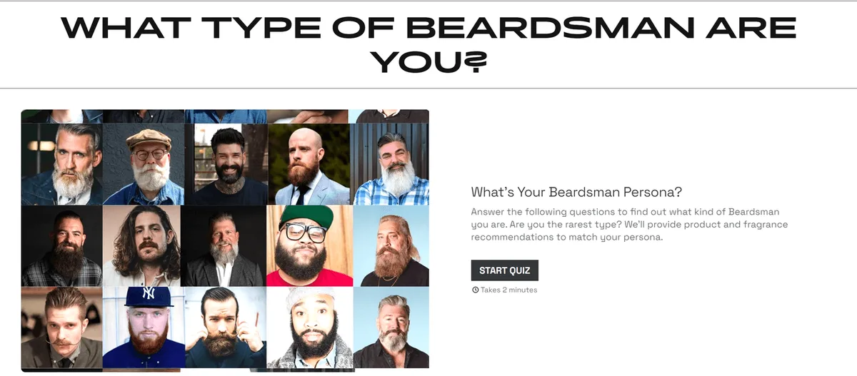 Beardbrand's What type of beardsman are you quiz, with its grid of portraits and its Start quiz button