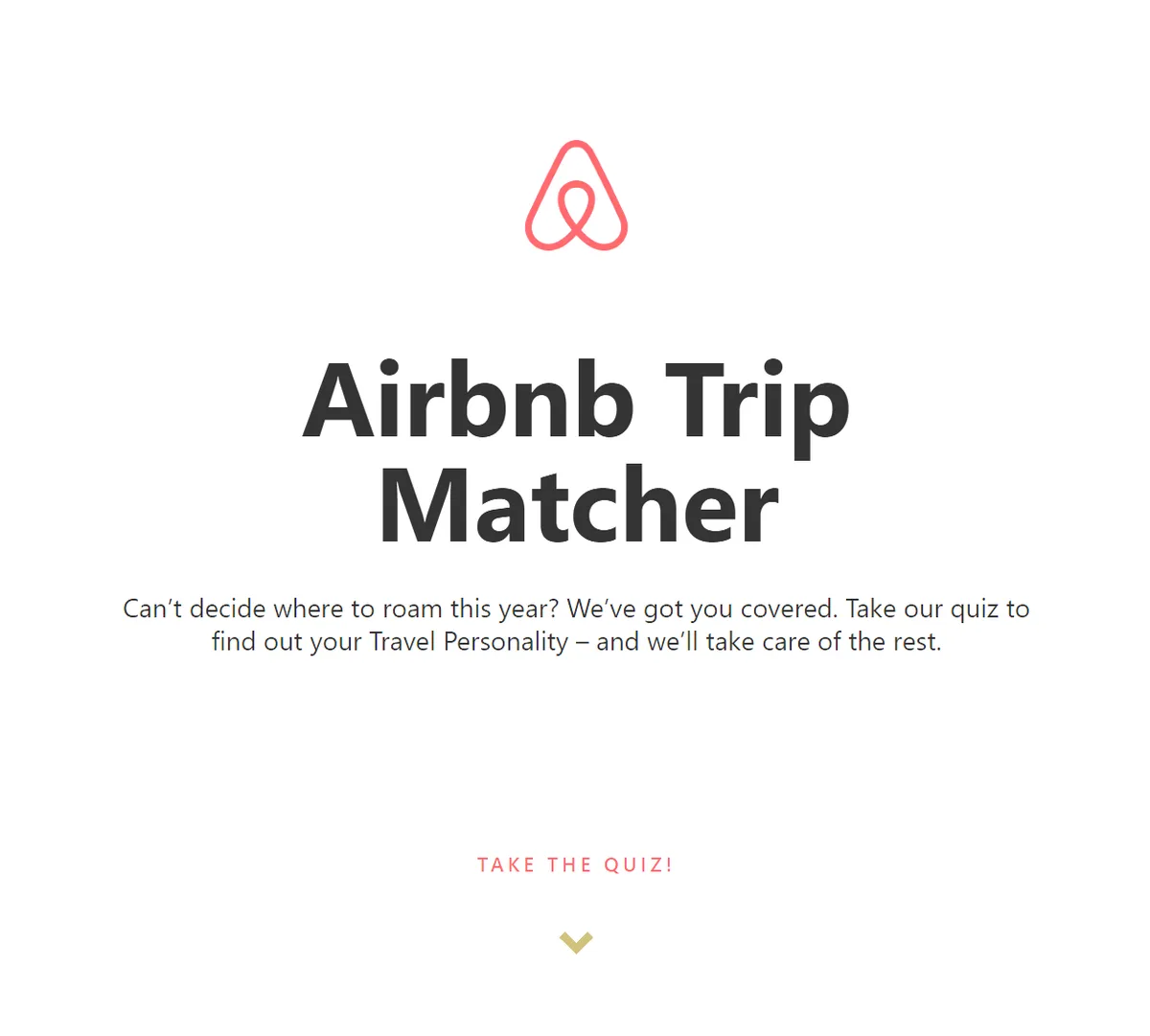 Home screen of Airbnb's Trip Matcher quiz, take the quiz to find your travel personality