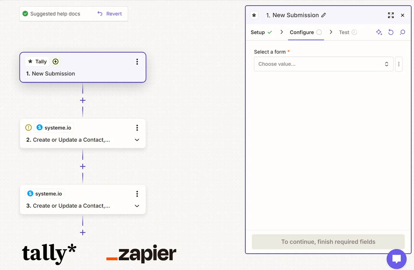 A Zap wiring a Tally submission to the creation of a contact in Systeme.io