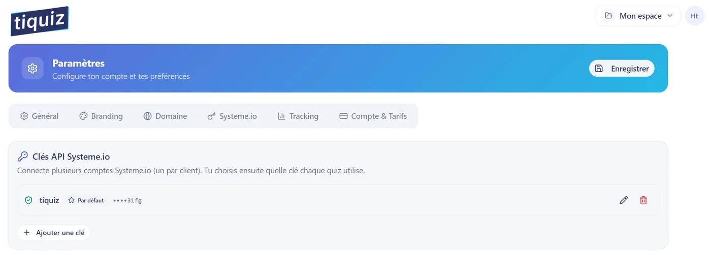 The Tiquiz screen where you paste the Systeme.io API key