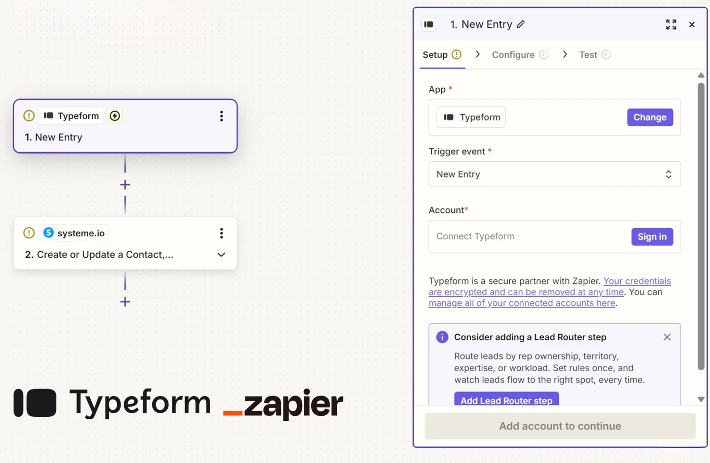 The Zap wiring a Typeform submission to a Systeme.io contact