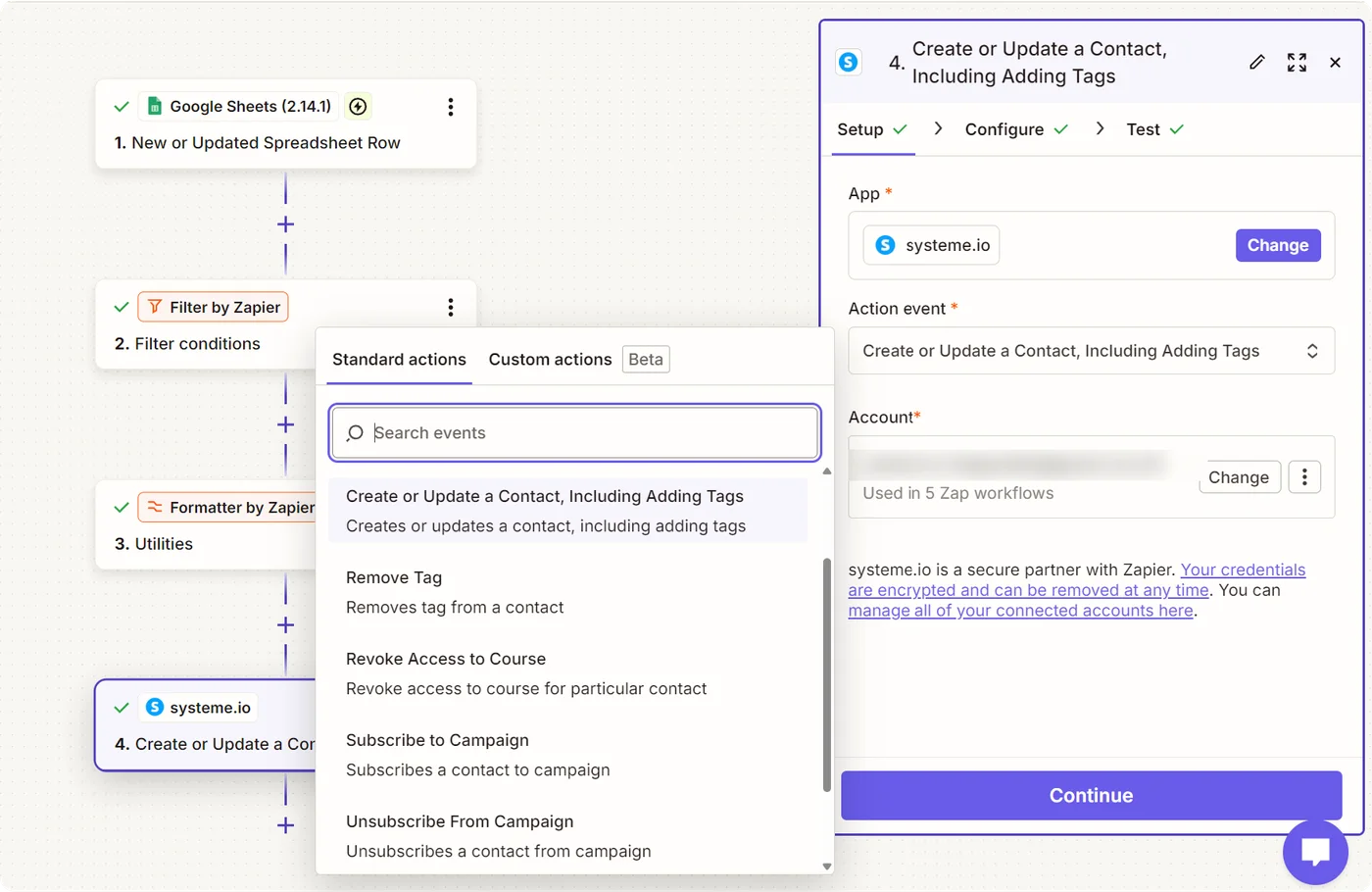 The Systeme.io actions offered inside Zapier: create or update a contact with its tags, remove a tag, subscribe or unsubscribe from a campaign